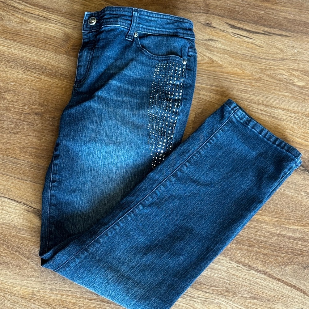 Chico's Platinum Dark Blue Denim Jeans Rhinestone Embellished Chicos size 0 US 4